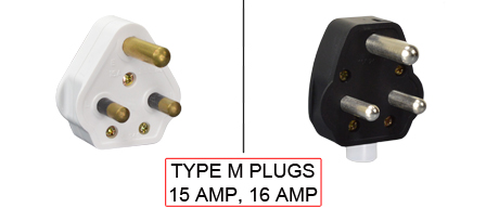 TYPE M Plugs are used in the following Countries:
<br>
Primary Country known for using TYPE M plugs is Afghanistan, India, South Africa.

<br>Additional Countries that use TYPE M plugs are 
Bangladesh, Botswana, Lesotho, Mozambique, Namibia, Nepal, Pakistan, Sri Lanka, Sudan, Swaziland.

<br><font color="yellow">*</font> Additional Type M Electrical Devices:

<br><font color="yellow">*</font> <a href="https://internationalconfig.com/icc6.asp?item=TYPE-M-CONNECTORS" style="text-decoration: none">Type M Connectors</a> 

<br><font color="yellow">*</font> <a href="https://internationalconfig.com/icc6.asp?item=TYPE-M-OUTLETS" style="text-decoration: none">Type M Outlets</a> 

<br><font color="yellow">*</font> <a href="https://internationalconfig.com/icc6.asp?item=TYPE-M-POWER-CORDS" style="text-decoration: none">Type M Power Cords</a> 

<br><font color="yellow">*</font> <a href="https://internationalconfig.com/icc6.asp?item=TYPE-M-POWER-STRIPS" style="text-decoration: none">Type M Power Strips</a>

<br><font color="yellow">*</font> <a href="https://internationalconfig.com/icc6.asp?item=TYPE-M-ADAPTERS" style="text-decoration: none">Type M Adapters</a>

<br><font color="yellow">*</font> <a href="https://internationalconfig.com/worldwide-electrical-devices-selector-and-electrical-configuration-chart.asp" style="text-decoration: none">Worldwide Selector. All Countries by TYPE.</a>

<br>View examples of TYPE M plugs below.